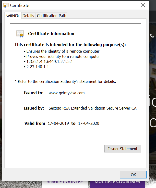 Certificate window